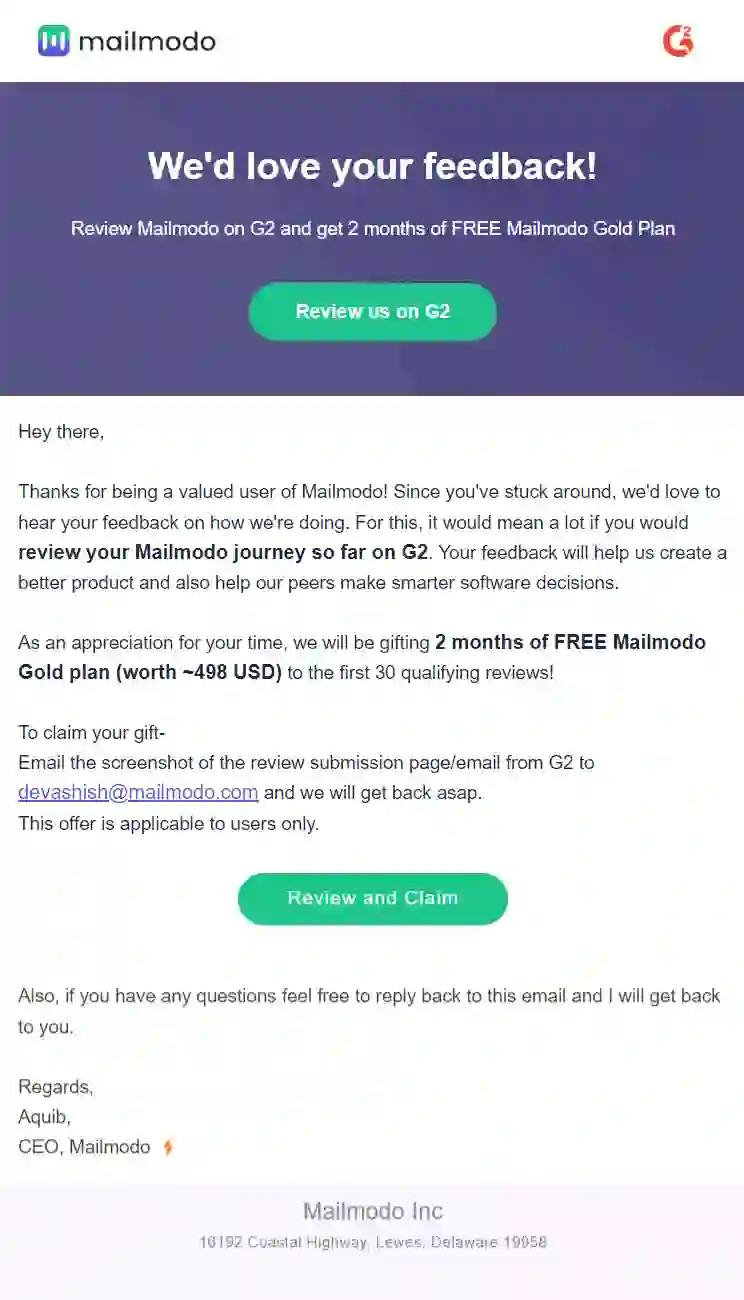 Free G2 Review Email Template